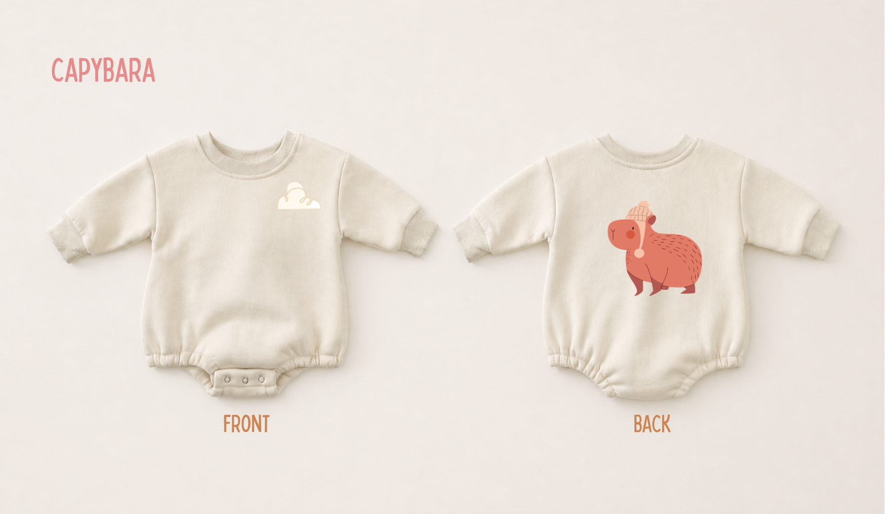 Front and back view of a cream fleece baby romper featuring a playful capybara print on a soft neutral background.