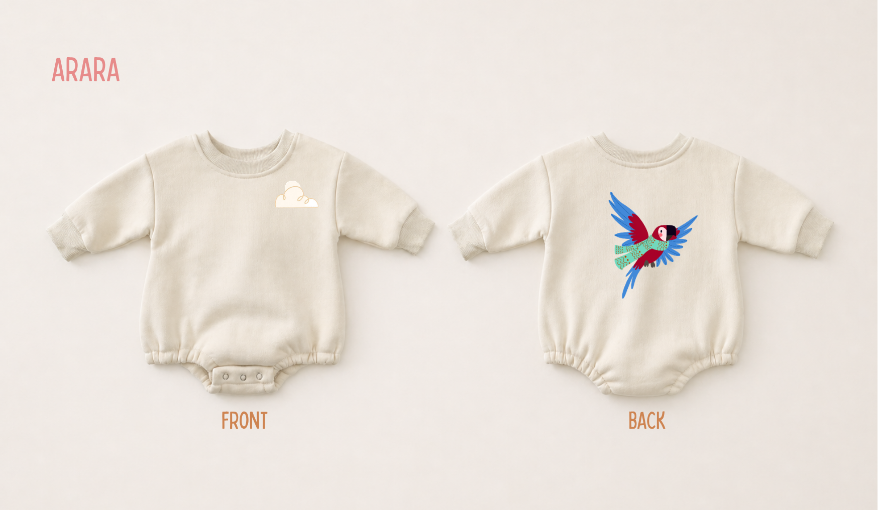 Front and back view of a cream fleece baby romper featuring a colourful flying macaw print on a soft neutral background.