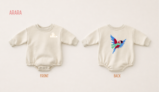 Front and back view of a cream fleece baby romper featuring a colourful flying macaw print on a soft neutral background.
